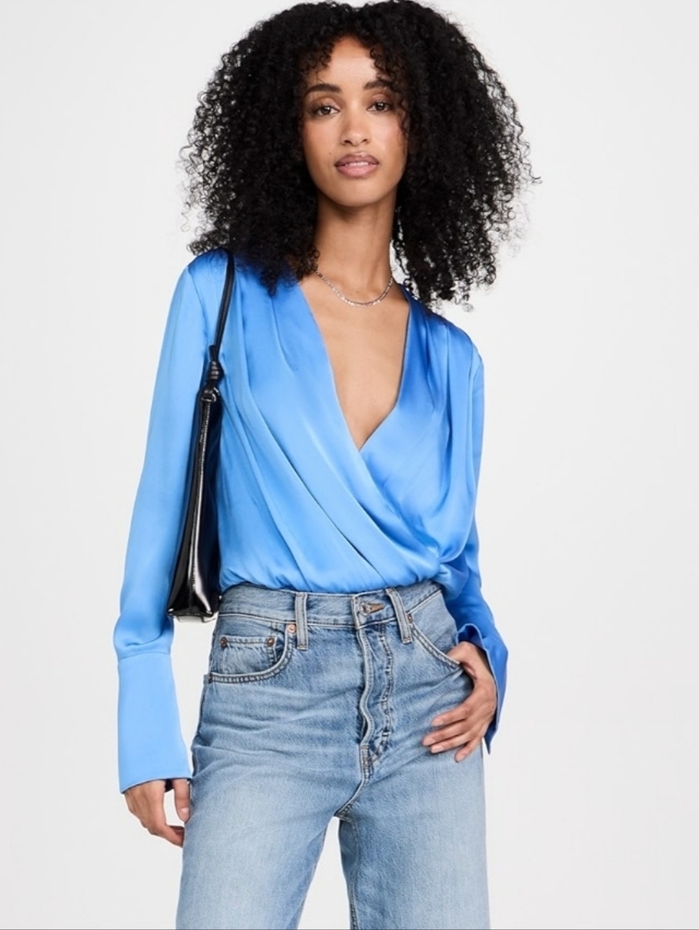 FAVORITE DAUGHTER The Date Satin Surplice Thong Bodysuit Provence Blue Large